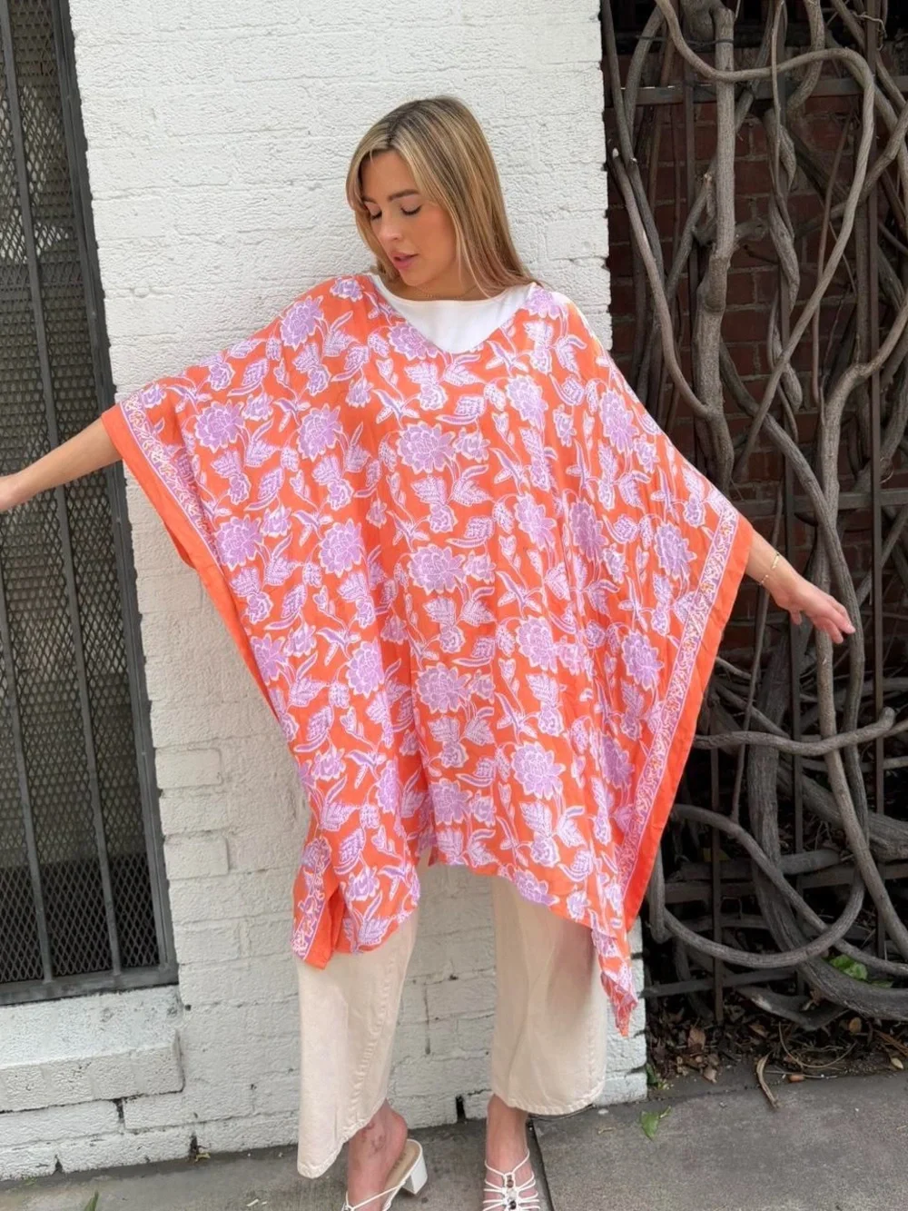 World Market orange + pink boho floral poncho kimono one size #fairy #beach